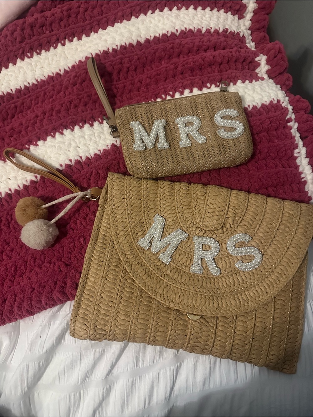 Mrs Embellished Straw Clutch Set - Tan